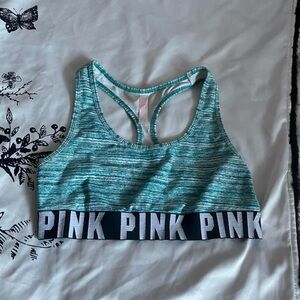 PINK teal sports bra w/ racerback straps & repeating PINK logo band